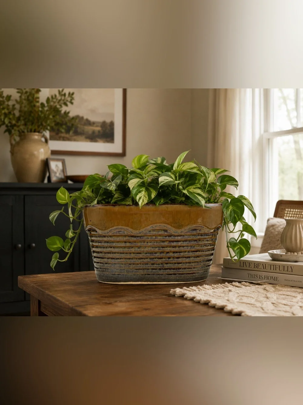 Brown Ceramic Oval Planter with Drainage Hole | Speckled Brown Pottery Plant Pot